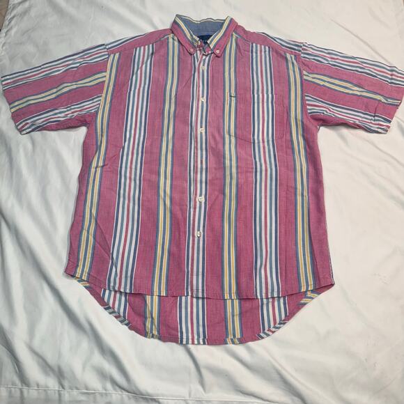 Vintage Blueprint Men’s Striped Short Sleeve Button-Down Shirt M Pink Yellow - Picture 2 of 7